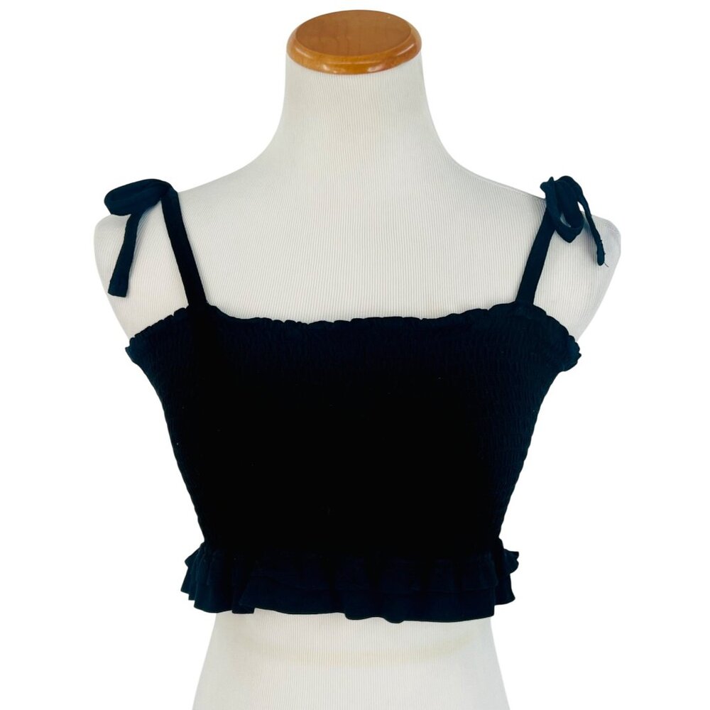 Garage Black Smocked Tie Straps & Ruffled Hem Crop Top - Picture 11 of 14
